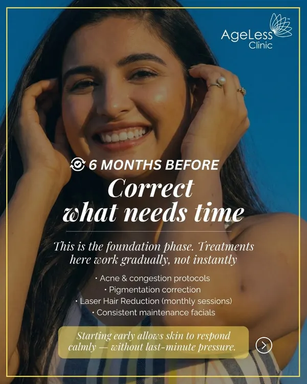 For brides-to-be, the best results come from planning ahead. I recommend starting foundational treatments like acne protocols, pigmentation correction, and laser hair reduction six months before the wedding. This allows skin to respond calmly and avoids last-minute pressure.