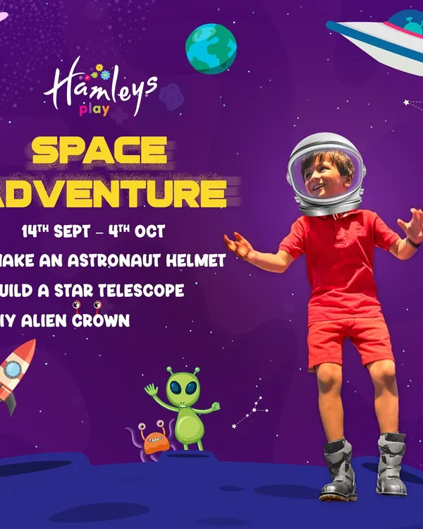 Blast off into a world of excitement! This poster for our Space Adventure invites little explorers to make astronaut helmets, build telescopes, and create DIY alien crowns.
