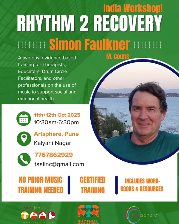 This is an announcement for a very special two-day, evidence-based training we are hosting: the Rhythm To Recovery workshop with Simon Faulkner. It's a rare opportunity for therapists, educators, and facilitators to learn how to use music for social and emotional health.