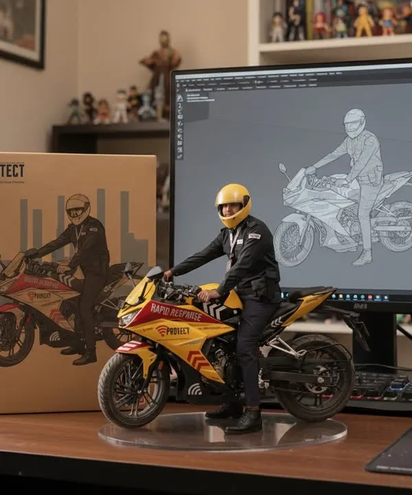 We are always innovating to stay ahead of threats. This image shows the journey of our response officer from a 3D design concept to a real-life protector, symbolizing our commitment to next-generation, smart security.