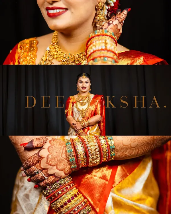 A collage dedicated to the bride, Deeksha. It combines a full-length portrait with close-up shots of her intricate jewelry, henna-adorned hands, and radiant smile, showcasing every beautiful detail.