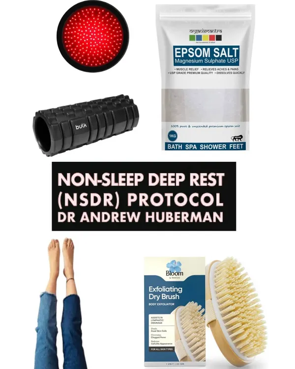 A visual guide to my favorite low-cost recovery tools. This includes things like Epsom salt for magnesium foot soaks, a foam roller, a dry brush for lymphatic support, and using red light at night to manage cortisol and improve sleep quality.