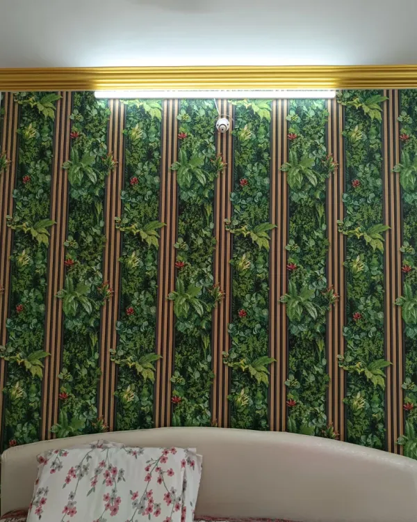 This bedroom accent wall combines two popular styles: a vibrant vertical garden print and modern wooden-finish fluted panels. This is a great example of how you can mix and match my PVC sheets to create a truly custom look that becomes the highlight of your room.