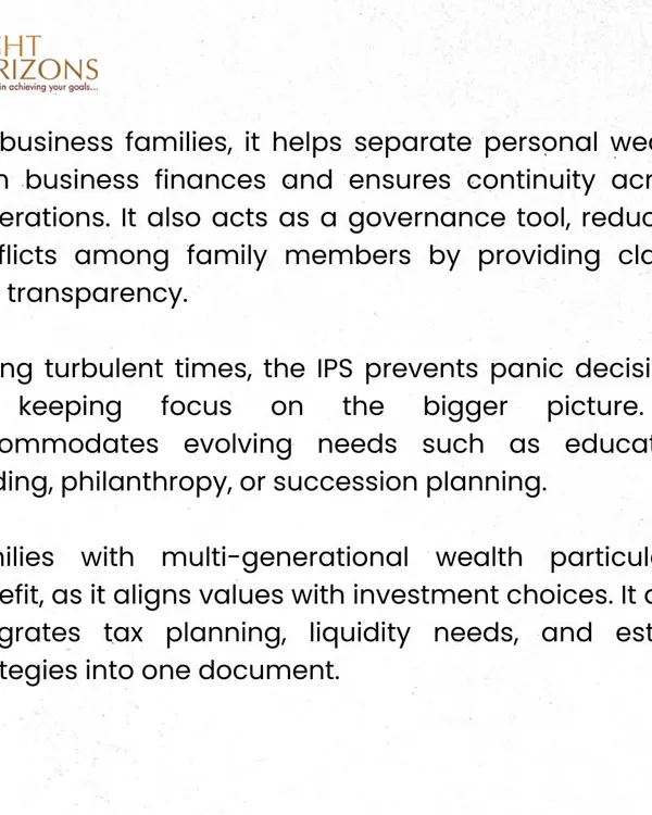 This excerpt from our weekly bulletin explains the benefits of an Investment Policy Statement (IPS) for business families, highlighting its role in separating personal and business wealth and preventing panic decisions during turbulent times.