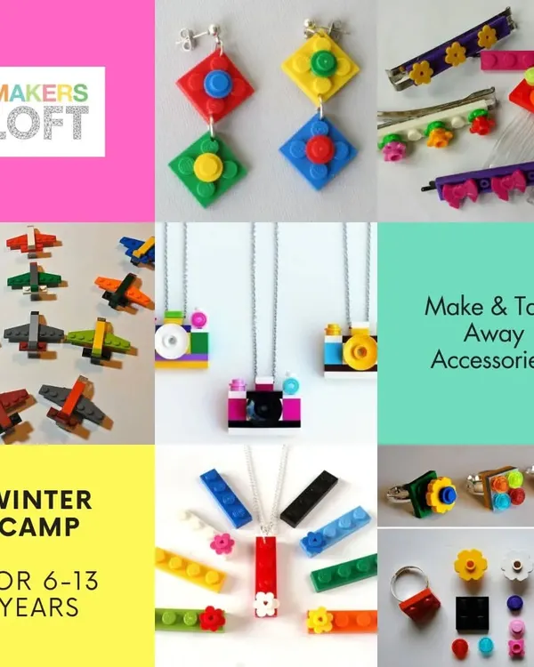 This collage showcases the amazing variety of accessories kids can make in my jewelry workshop. From earrings and rings to airplanes and camera necklaces, the only limit is their imagination.