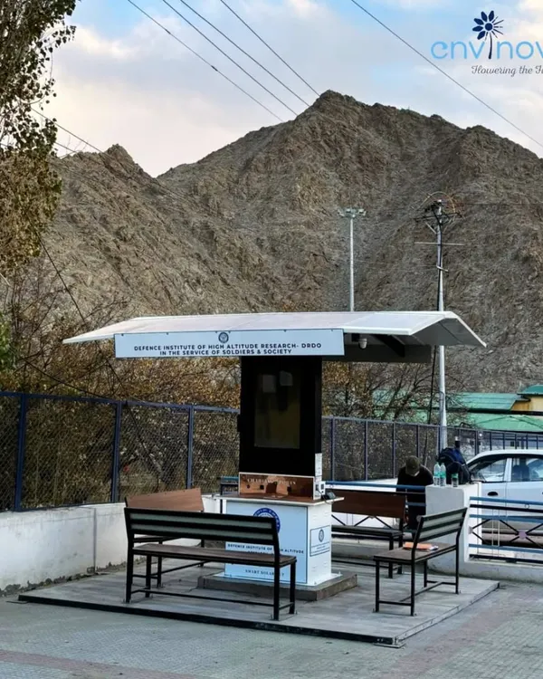 A wide view of our Smart Solar Hut installed for DIHAR-DRDO in Leh, set against the stark mountain landscape. This shelter is a testament to our engineering, designed to provide reliable, off-grid power and amenities in the most demanding environments.