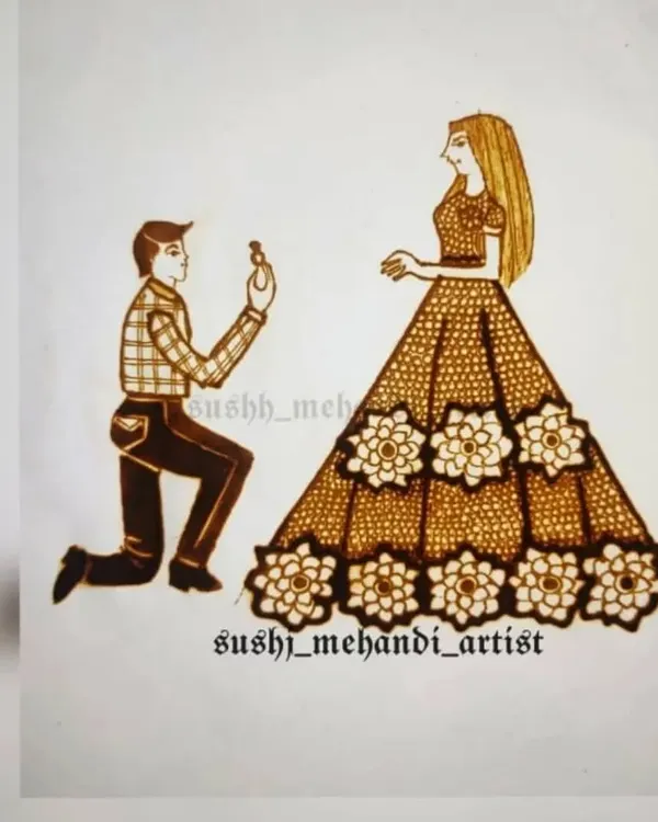 A sketch of a romantic proposal scene. I draw these custom figures on paper first to show my clients before creating it in henna.