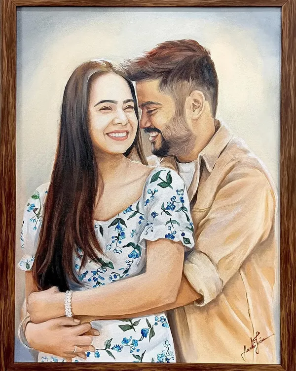 A beautiful, candid moment between a couple, captured in a 16x20 inch oil painting. I used a soft background to keep the focus on their happy expressions and warm embrace, making it a perfect anniversary gift.
