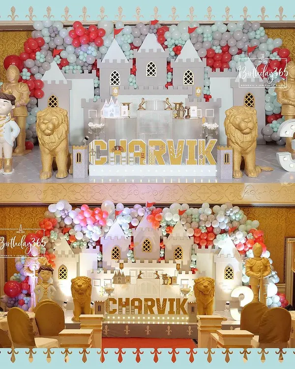 A majestic castle-themed party for Prince Charvik's 3rd birthday. The grand stage featured a large castle facade, golden lion statues, and a royal prince cutout.