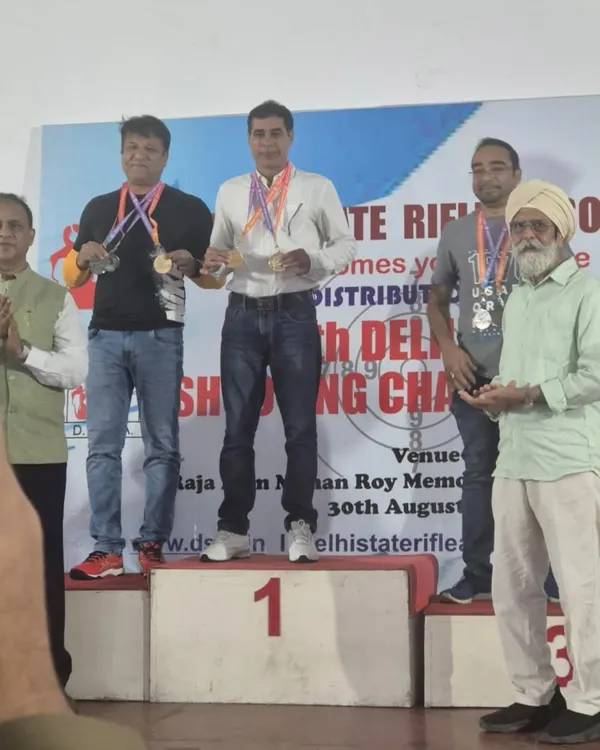 My students on the winners' podium at the 40th Delhi State Shooting Championship. Their hard work paid off.