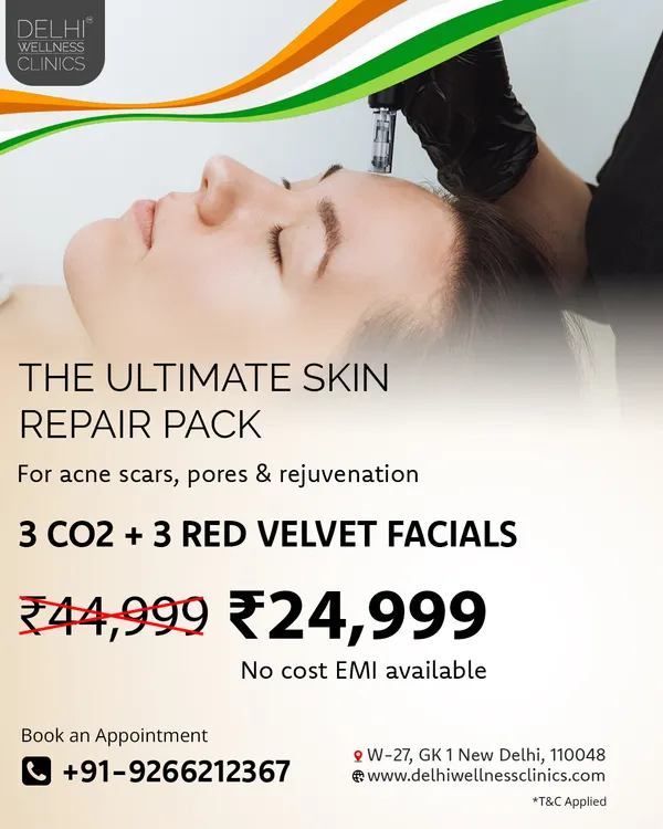 Our Independence Day special, the Ultimate Skin Repair Pack, featuring CO2 and Red Velvet Facials for acne scars, pores, and rejuvenation at a special price.