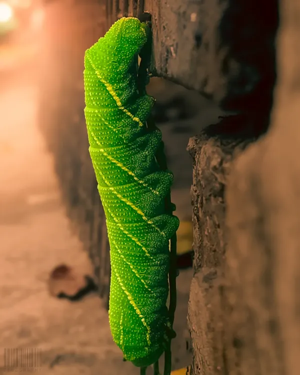 The incredible texture and vibrant green of a hawk moth cocoon waiting to transform. My macro lens allows me to capture these hidden marvels of nature in stunning detail.