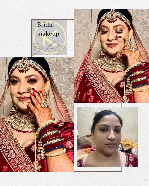 This collage shows a complete bridal transformation. I provided a full bridal makeup service, creating a radiant and timeless look that enhances her natural beauty, ensuring she looks and feels perfect on her wedding day.