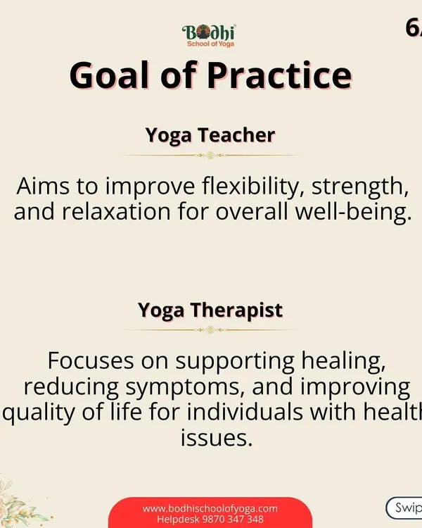 The goal of a yoga teacher is general well-being. The goal of a yoga therapist is to support healing, reduce symptoms, and improve the quality of life for individuals with specific health issues. This is a key distinction in our work.