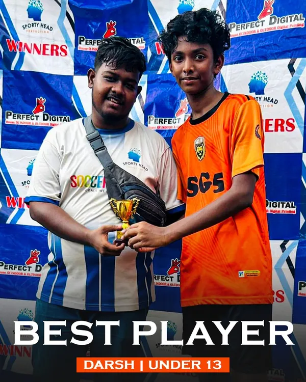 Recognizing top talent is a priority. Here, Darsh from the Under 13 category is awarded 'Best Player' for his outstanding performance.