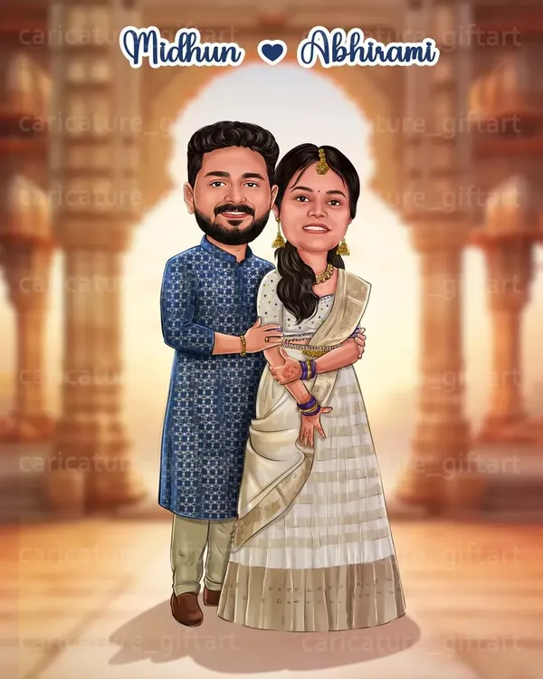 A beautiful couple ready for their big day. I focused on the details of the groom's blue patterned kurta and the bride's elegant white and gold half saree, set against a traditional temple pillar background for their wedding invitation.