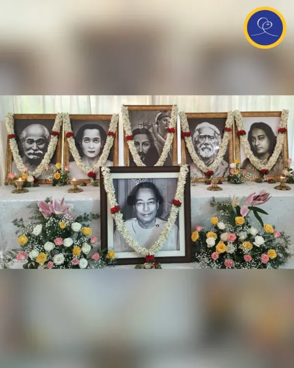 The beautifully decorated altar from a Kriyaban Retreat, featuring the portraits of the Kriya Yoga Masters. Over 150 Kriyabans gathered to renew their practices in this sacred and serene environment.