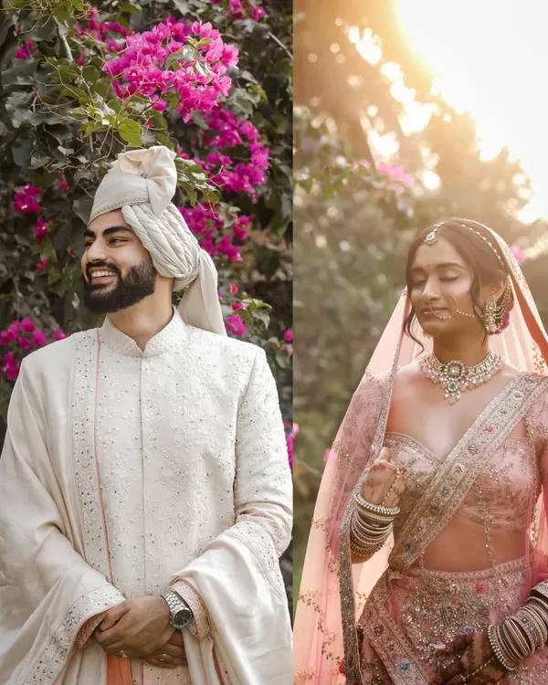 A split-screen portrait capturing the candid, happy expressions of the bride and groom during their wedding day.