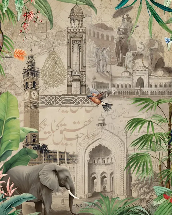 This artwork is a collage of Lucknow's soul, blending its Nawabi architecture like the Rumi Darwaza with tropical flora and fauna. It's a modern tribute to the city's rich history.