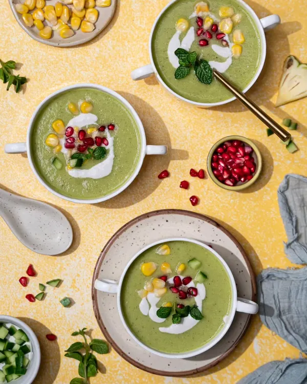 A happy and colorful cool cucumber soup, garnished with corn and pomegranate, perfect for a hot afternoon.