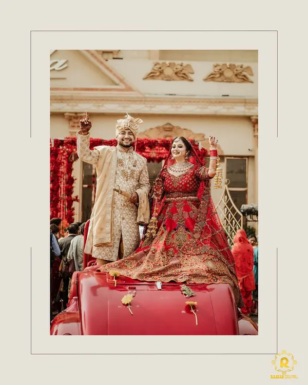 A picture perfect moment. I had the pleasure of dressing this groom in a custom golden-beige sherwani for his big day. The intricate embroidery and tailored fit ensured he looked regal and confident as he celebrated with his bride.