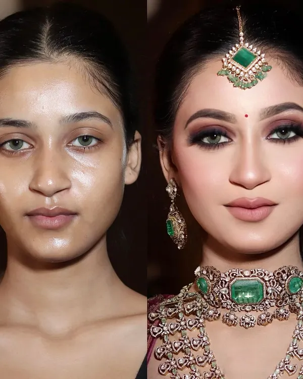 A bridal look fit for royalty. The focus here was on creating intensely captivating smokey eyes to pair with her magnificent emerald jewelry, resulting in a powerful and unforgettable statement.