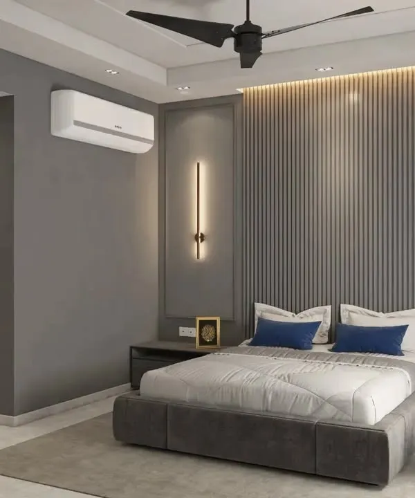 A design proposal for a modern hotel room for Salt Stayz, Gurgaon, featuring a grey fluted accent wall and contemporary lighting.