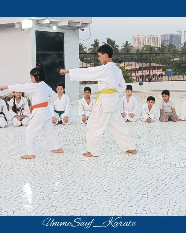 Here, two of my students are performing a Kata in unison. Kata, which means "form" in Japanese, is a pre-arranged sequence of movements that builds discipline, technique, and focus.