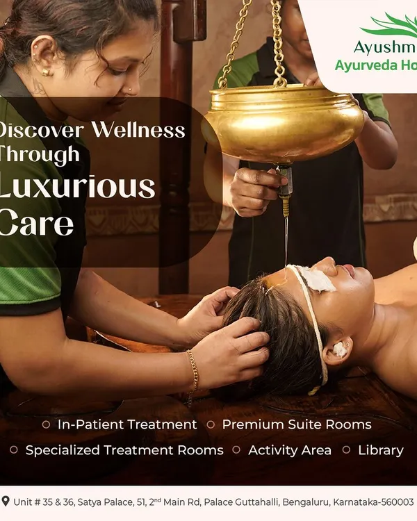 A client experiences Shirodhara, a classic Ayurvedic therapy where a continuous stream of warm, medicated oil is poured onto the forehead. This treatment is deeply relaxing and highly effective for reducing stress, improving sleep, and calming the nervous system, forming a key part of our wellness and Panchakarma programs.