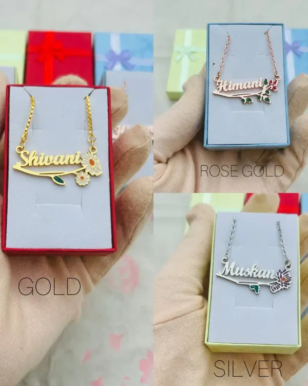 My birth flower name necklaces are available in gold, rose gold, and silver finishes. Each one is uniquely designed with a name and a small, detailed flower.
