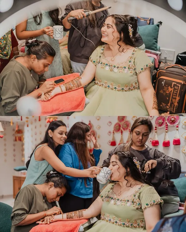 My team and I focus on making your mehendi session a comfortable and memorable experience. Here you can see us in action, ensuring the bride is cared for and can relax while we create her beautiful bridal henna.