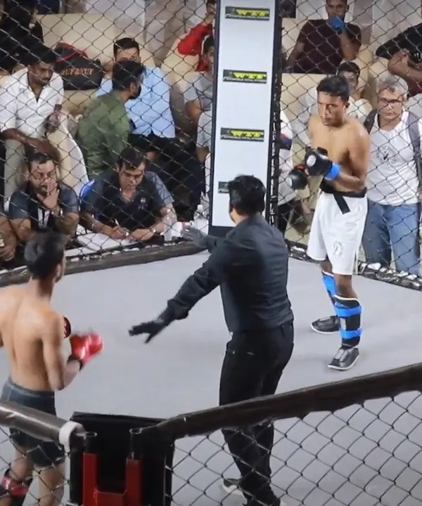 A referee steps in during a competitive bout at the 6th Bengaluru Open MMA Championship. Our fighters gain invaluable experience in officially sanctioned matches, learning to adapt under pressure.