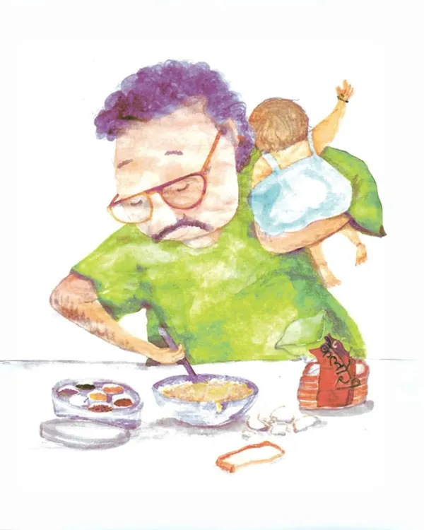 An illustration from 'Memories on a Plate', our collaborative book with The Alipore Post. It shows how food memories, like a father's love language of half-boiled eggs, are woven into our lives.