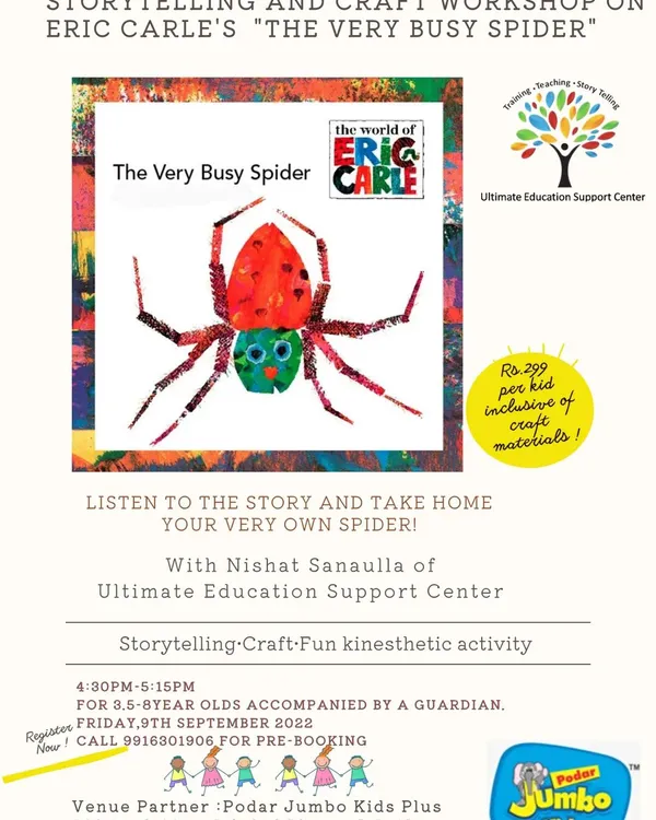 This flyer details our "The Very Busy Spider" workshop, based on the book by Eric Carle. The session combines interactive storytelling with a kinesthetic craft activity where each child creates their own spider to take home, reinforcing early literacy skills.