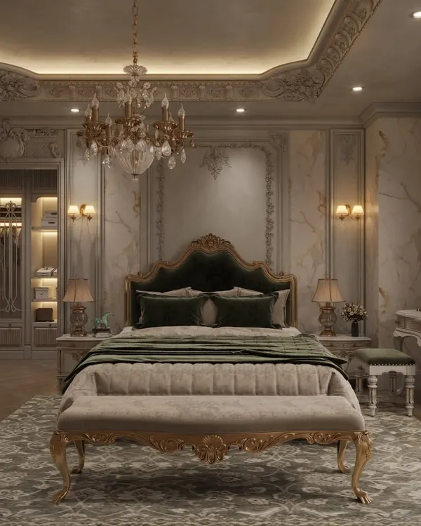 A royal master bedroom featuring classic European design elements, including ornate gold-leaf furniture, a deep green velvet headboard, and intricate wall and ceiling mouldings.