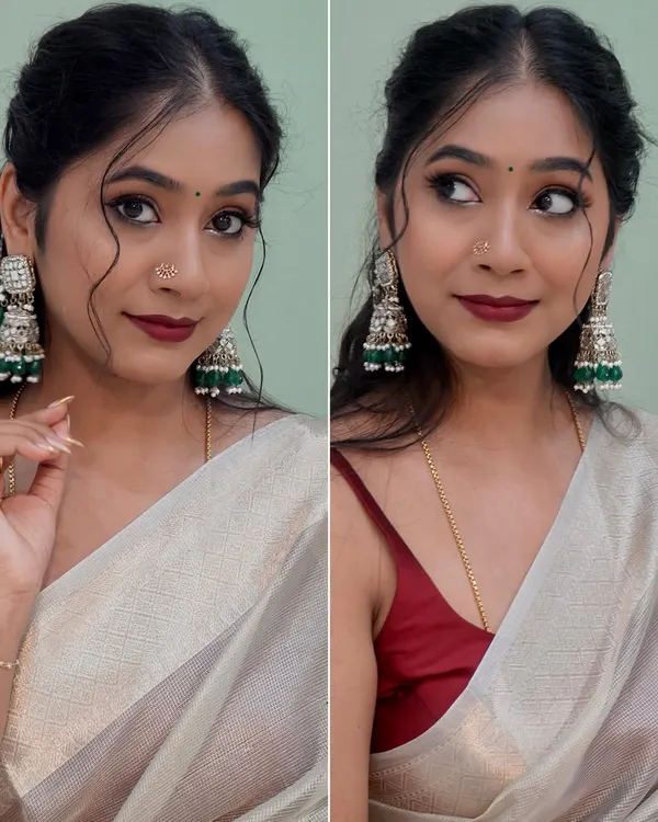 A simple and elegant look with a tissue saree, bold earrings, and a deep red lip. This is one of my favorite makeup looks I've created.