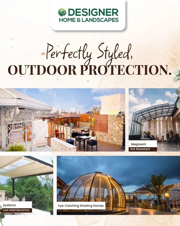 Perfectly styled outdoor protection. This collage shows our range of shading solutions, including elegant gazebos, retractable systems, large-scale Megavent structures, and eye-catching domes.