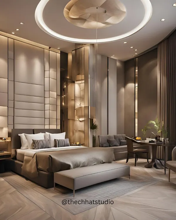 This hotel suite in Amritsar is a sanctuary of modern luxury. I designed this space to be a serene retreat, using a soothing palette of warm browns and beiges, complemented by a stunning feature chandelier and dedicated areas for both relaxation and work.