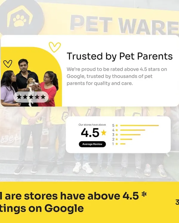 We're proud to be trusted by thousands of pet parents, with an average rating of over 4.5 stars on Google across all our stores. This graphic celebrates the trust you place in us for quality care.