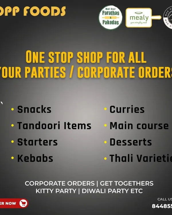 This is our promise to you: a one stop shop for all your party and corporate orders. We provide a full menu including snacks, tandoori items, starters, kebabs, curries, main courses, desserts, and various thalis.