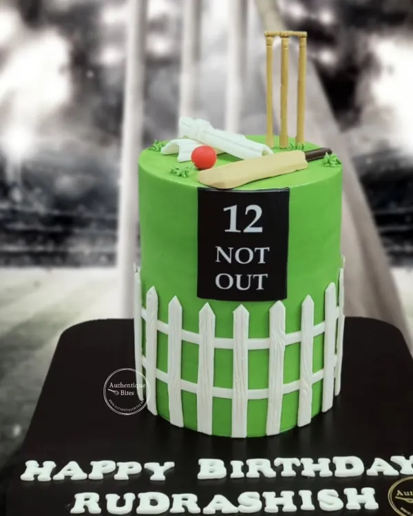 A fantastic cricket-themed cake for a 12th birthday. This cake looks like a cricket pitch with a picket fence, complete with a bat, ball, and wickets on top.