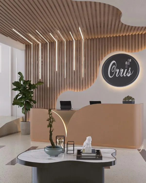 This is a design concept for a club reception area. We used earthy brown and beige tones, curved furniture, and modern lighting to create a sophisticated and welcoming space for members.