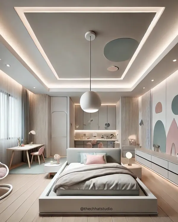 A whimsical and modern bedroom design perfect for little explorers. I used a soft, pastel color palette, a cozy hanging chair, and playful wall art to create a space that is both calming and sparks imagination.