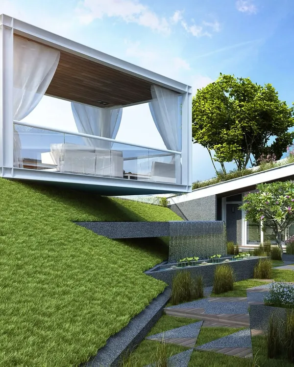 This clubhouse design creates harmony through contrast, juxtaposing nature and structure. The floating pavilion and terraced water features are crafted to create levels of peace without disturbing the land’s natural topography, offering a journey through a serene landscape.