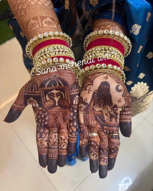 The perfect dark maroon stain. This is the result of my all-natural henna paste and proper aftercare. The colour looks stunning with the bride's red and gold bangles.