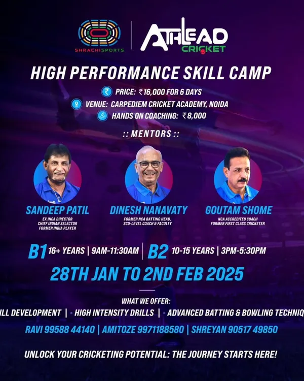 This is what we are all about. Our High Performance Skill Camp is a 6-day intense workshop designed to transform your game. You get to learn directly from legends like Sandeep Patil, former India player, and Dinesh Nanavaty, former NCA Batting Head. We focus on results, not just talk.