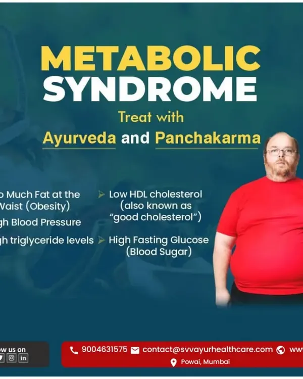 Metabolic syndrome involves a cluster of conditions like excess waist fat, high blood pressure, and high blood sugar. I treat this holistically with Ayurveda and Panchakarma to restore your body's natural balance and health.