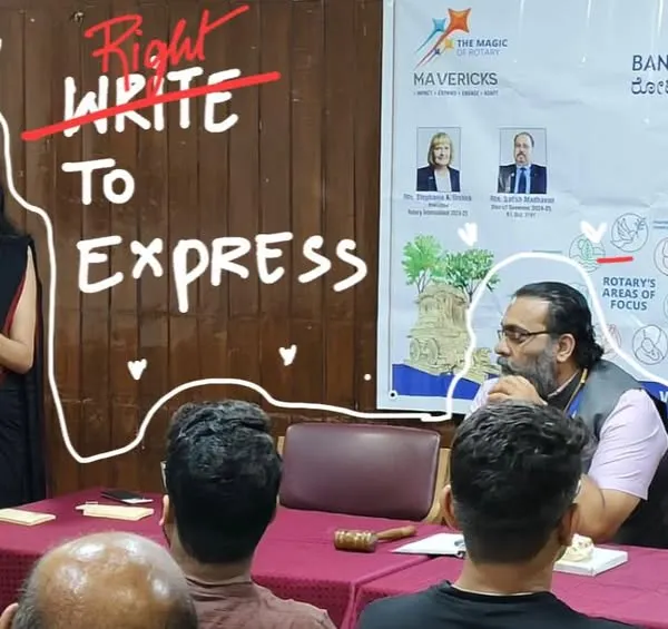 Leading a workshop on the 'Right to Express' for the Rotary Club, a theme central to all my teaching.