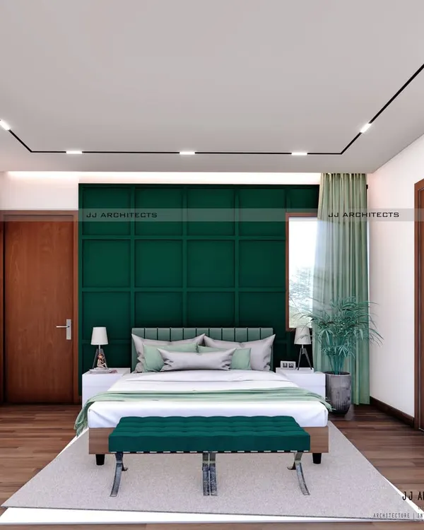 A 3D design for a master bedroom featuring a bold, dark green panelled accent wall. The wooden flooring and warm lighting create a cozy and inviting atmosphere.