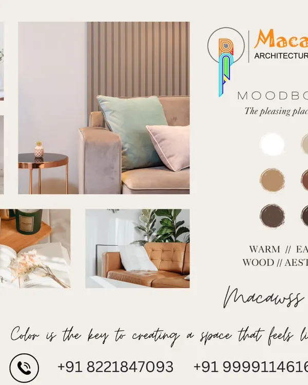 Every project begins with understanding your vibe. This is an example of a mood board I create, establishing the color palette, textures, and overall aesthetic with warm, earthy, and wood tones.